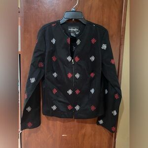 Requirements Black Zip-Front Jacket with Red & White Embroidery
